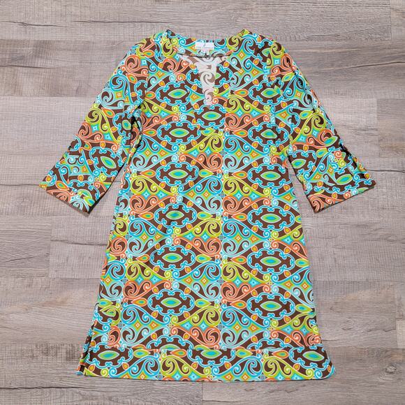 Jude Connally Nylon Colorful Slinky Geometric Mini Dress Size Small Stretch Prep - Picture 1 of 6